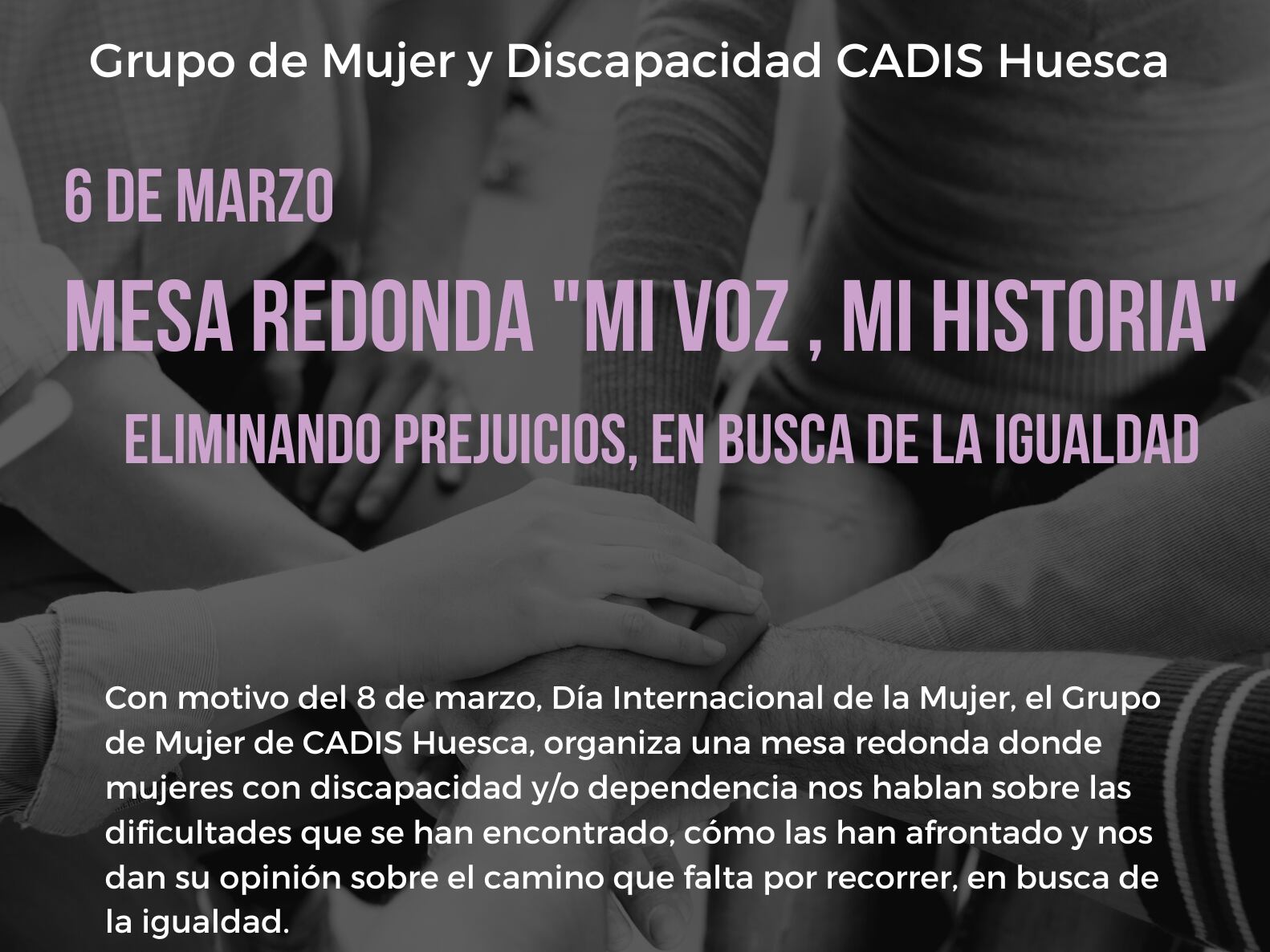 Cartel de la mesa redonda que organiza CADIS Huesca para el 8 M