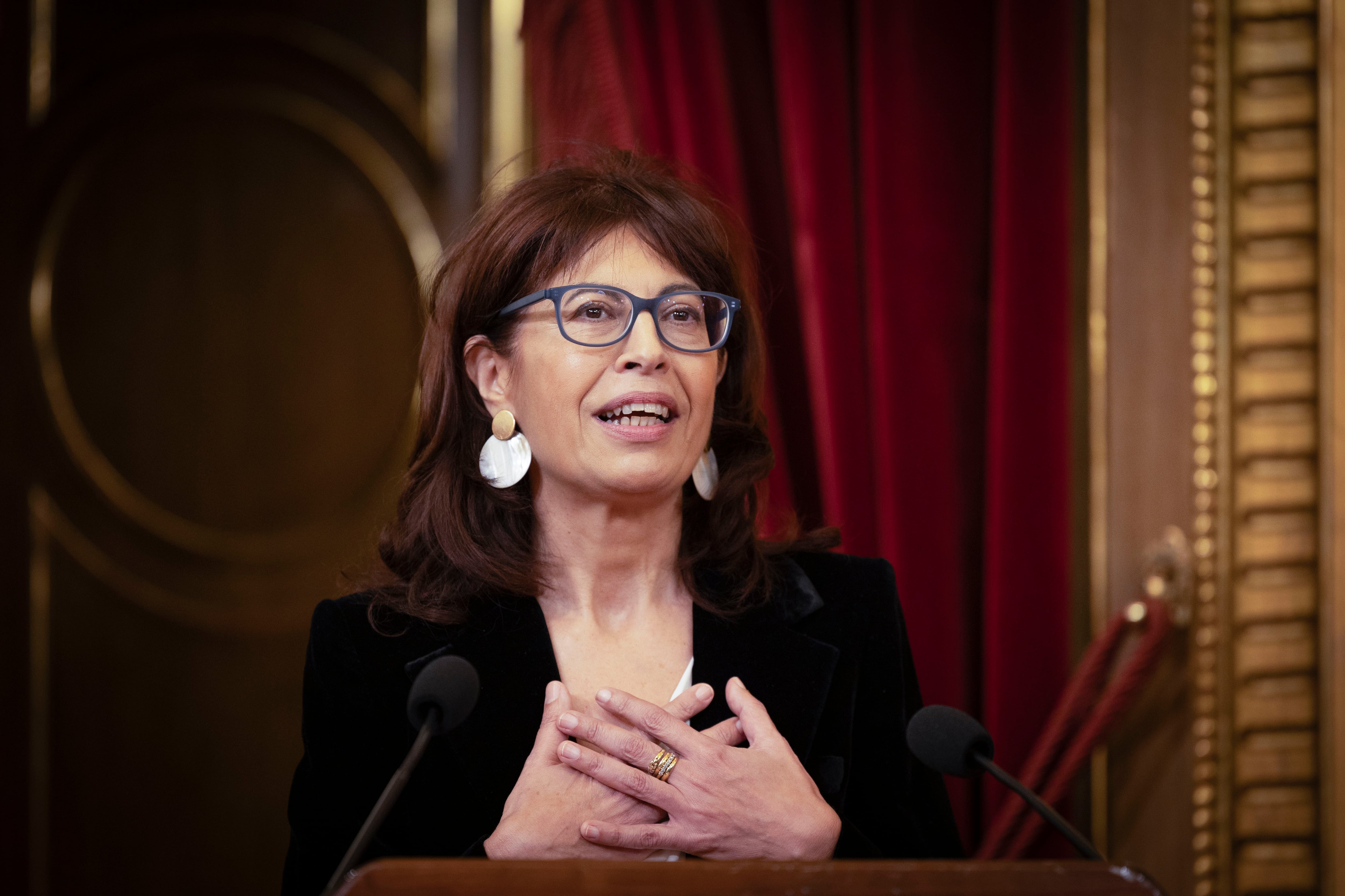 La ministra de Igualdad, Ana Redondo, durante su intervención en la recepción ofrecida este jueves por la presidenta del Gobierno Foral