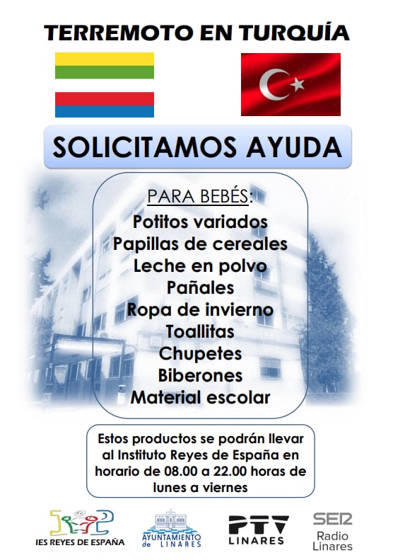 Cartel campaña solidaria con Turquía y Siria del IES Reyes de España de Linares