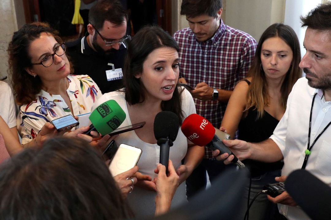 La portavoz parlamentaria de Unidas Podemos, Irene Montero, tras la reunión de la Junta de Portavoces celebrada el martes.