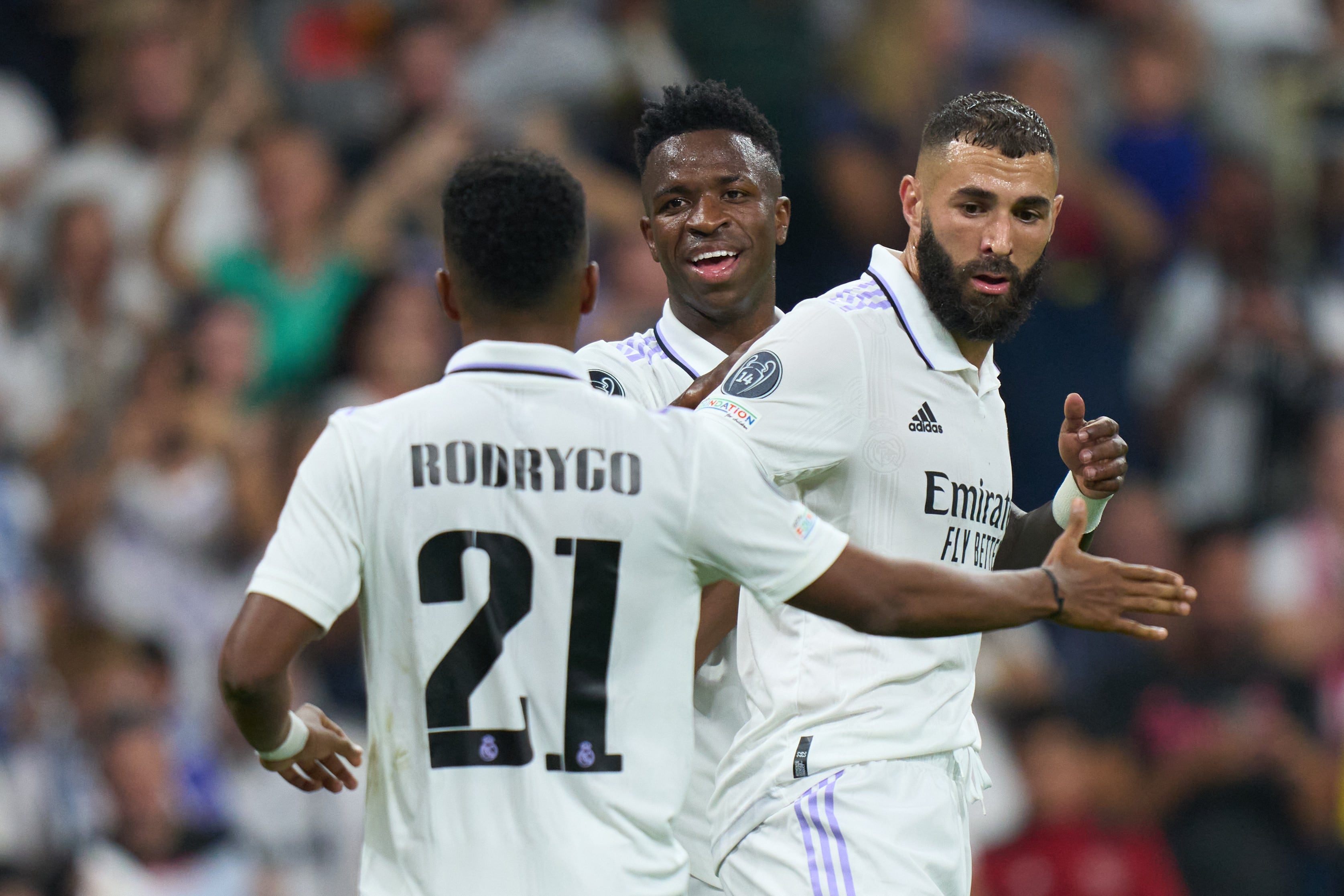 Rodrygo, Vinicius y Benzema en el encuentro ante el Shakhtar.