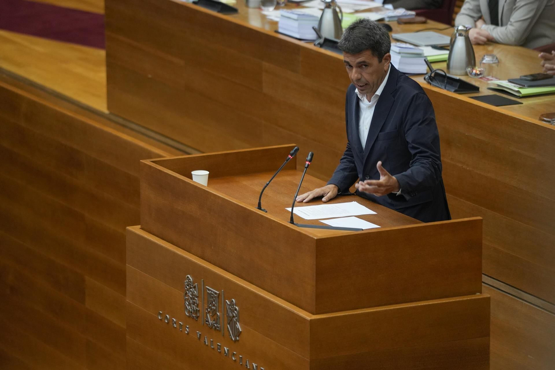 El president de la Generalitat, Carlos Mazón, este jueves en la sesión de control del pleno de les Corts