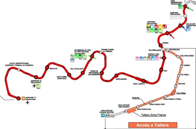 En color taronja el ramal de la Zona Franca que es vol posar en funcionament