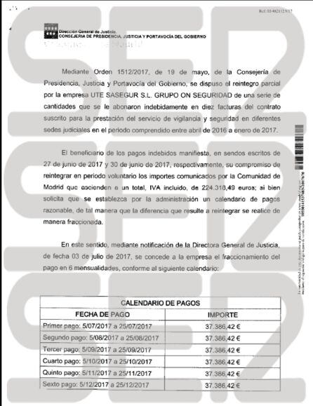 Documento con el plan de pago acordado por la empresa SASEGUR y la Consejería de Presidencia y Justicia