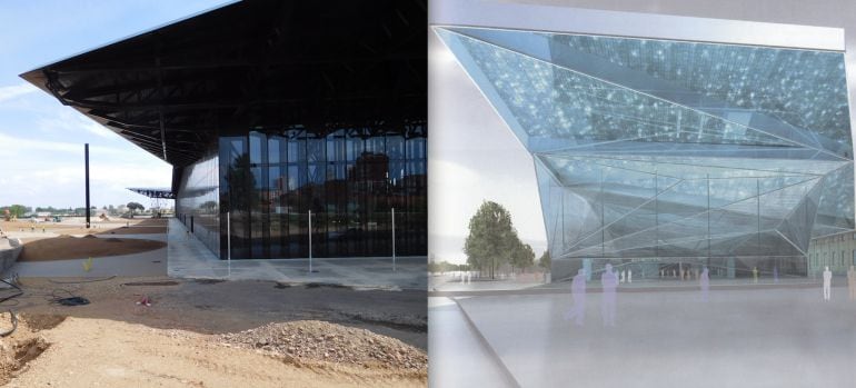 A la izquierda la vista actual del palacio de Exposiciones y a la derecha una imagen del proyecto diseñado por Dominique Perrault