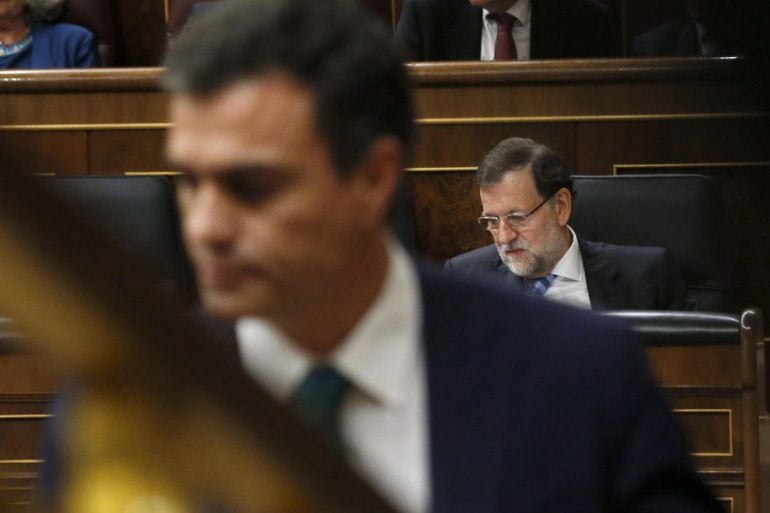 El secretario general del PSOE, Pedro Sánchez, tras su intervención ante el Congreso de los Diputados