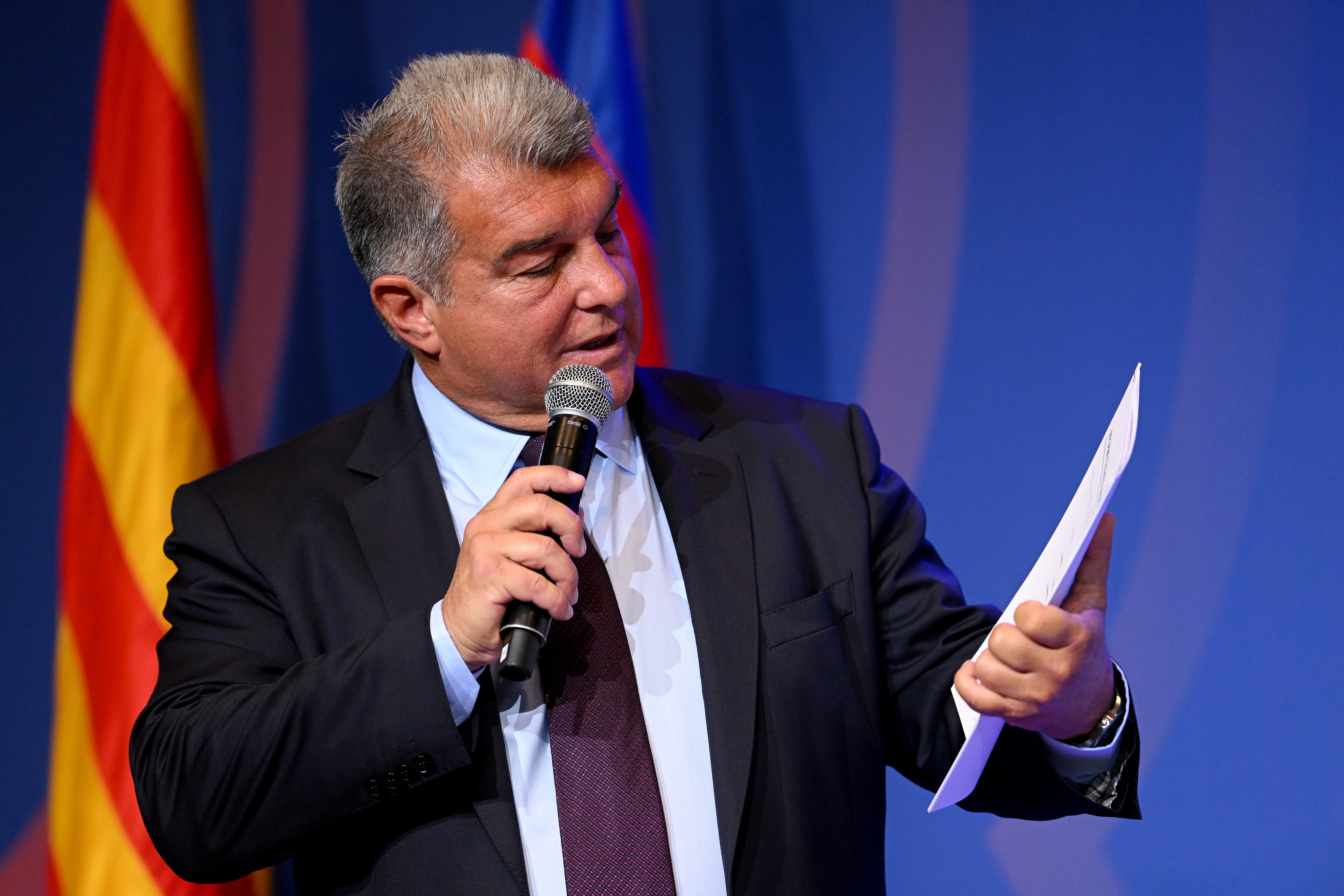 Joan Laporta, durante unas declaraciones relacionadas con el Caso Negreira. (Photo by David Ramos/Getty Images)