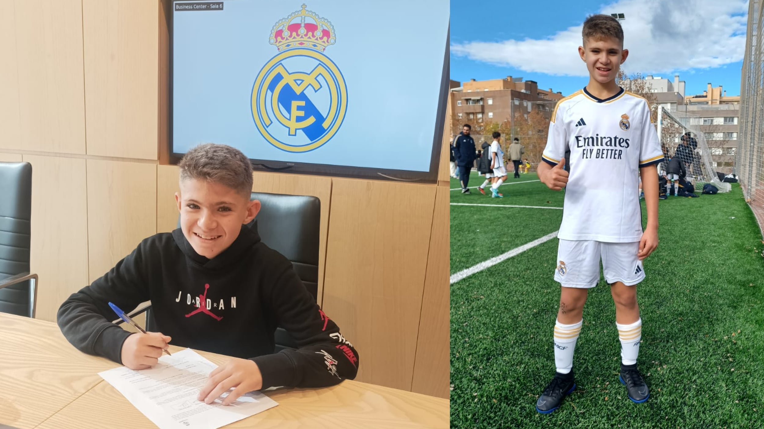 Manu Duarte firmando su contrato con el Real Madrid y posando con la elástica de un gran club.