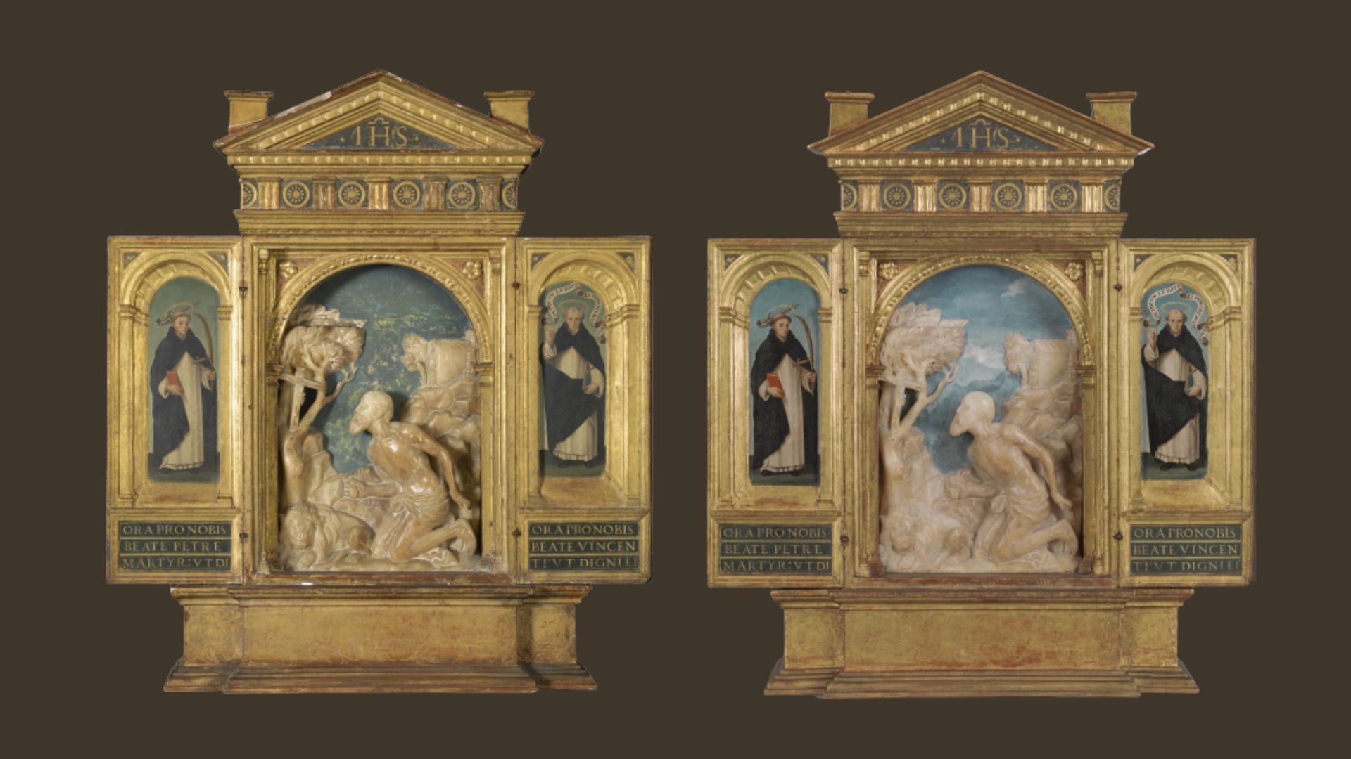 Antes y después de la restauración de &#039;Oratorio de san Jerónimo penitente&#039;, obra de Juan de Juanes (pintor) y Damián Forment (escultor). Datada hacia 1520 (Relieve en alabastro) y hacia 1560 (Estructura y pintura). Vista con las puertas abiertas.