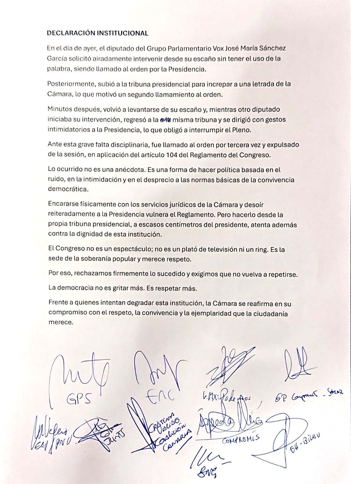 Declaración Institucional promovida por el PSOE para condenar el incidente del diputado de Vox José María Sánchez García en el Congreso.