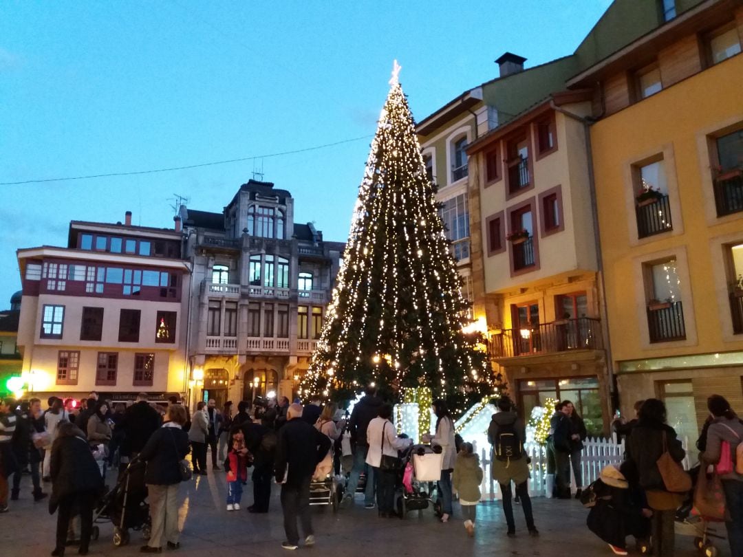 Un gran árbol de Navidad preside la plaza del Ayuntamiento de Oviedo