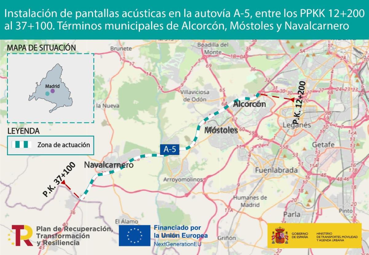 Mapa para la instalación de pantallas acústicas en la A-5