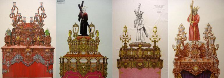 De izquierda a derecha, los proyectos para el nuevo paso del Señor de la Humildad de Hermanos Caballero Farfán S.L., Juan Manuel Pérez Pérez, Tomás Rodríguez Barba & José Manuel Madrid Silva y Francisco José Verdugo Rodrigo