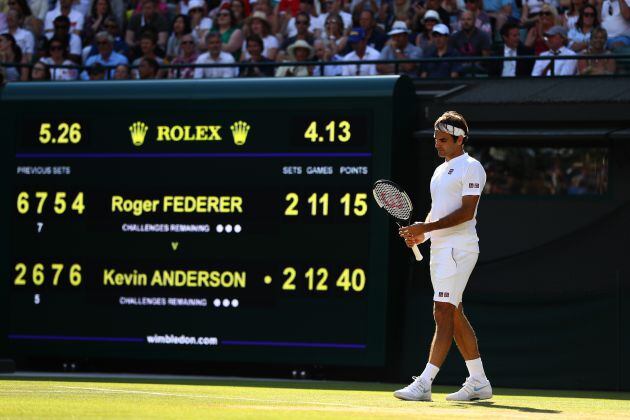 Federer en el último punto del partido antes de caer eliminado frente a Kevin Anderson