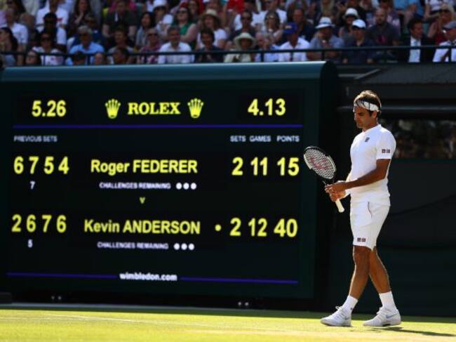 Federer en el último punto del partido antes de caer eliminado frente a Kevin Anderson
