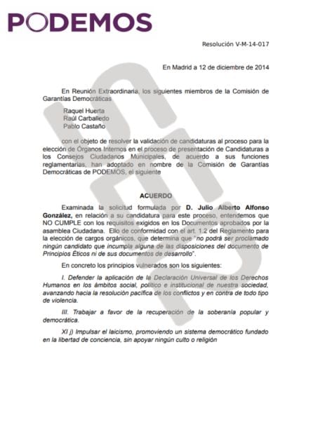 Dictamen de la Comisión de Garantías Democráticas de Podemos donde vetaron al actual secretario de organización en Móstoles por su pasado falangista