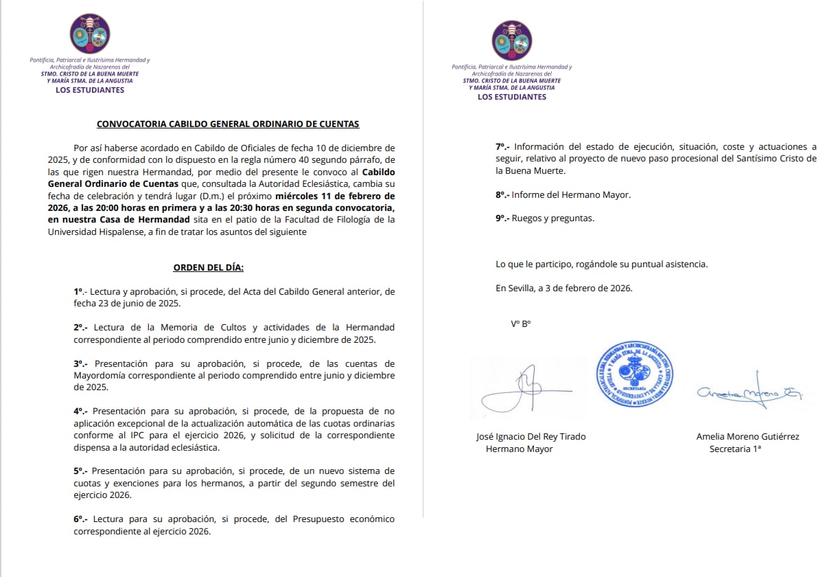 Orden del día del cabildo convocado para el 11 de febrero por la Hermandad de Los Estudiantes