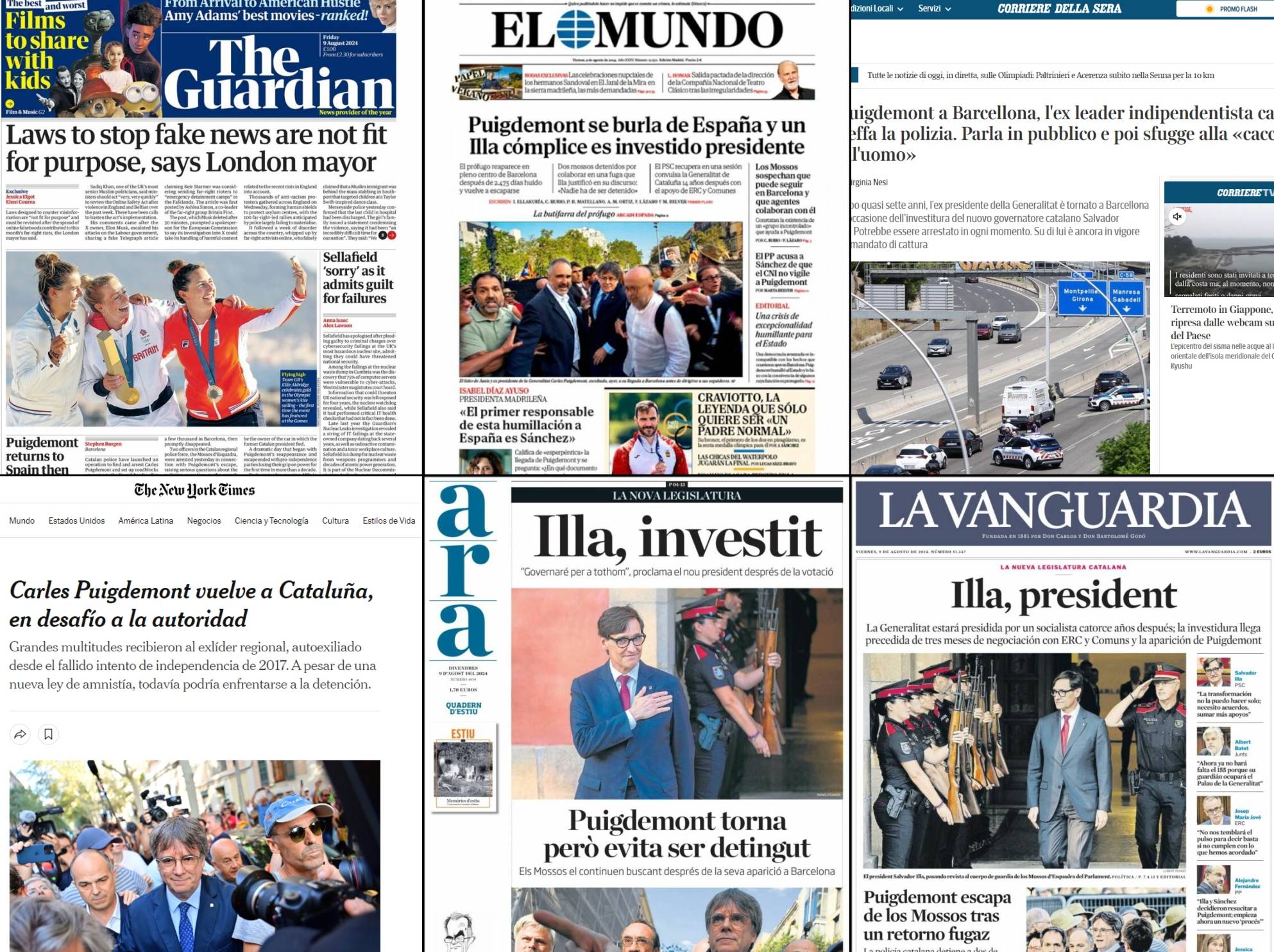 Algunas de las portadas y noticias que aluden a la huida de Carles Puigdemont.