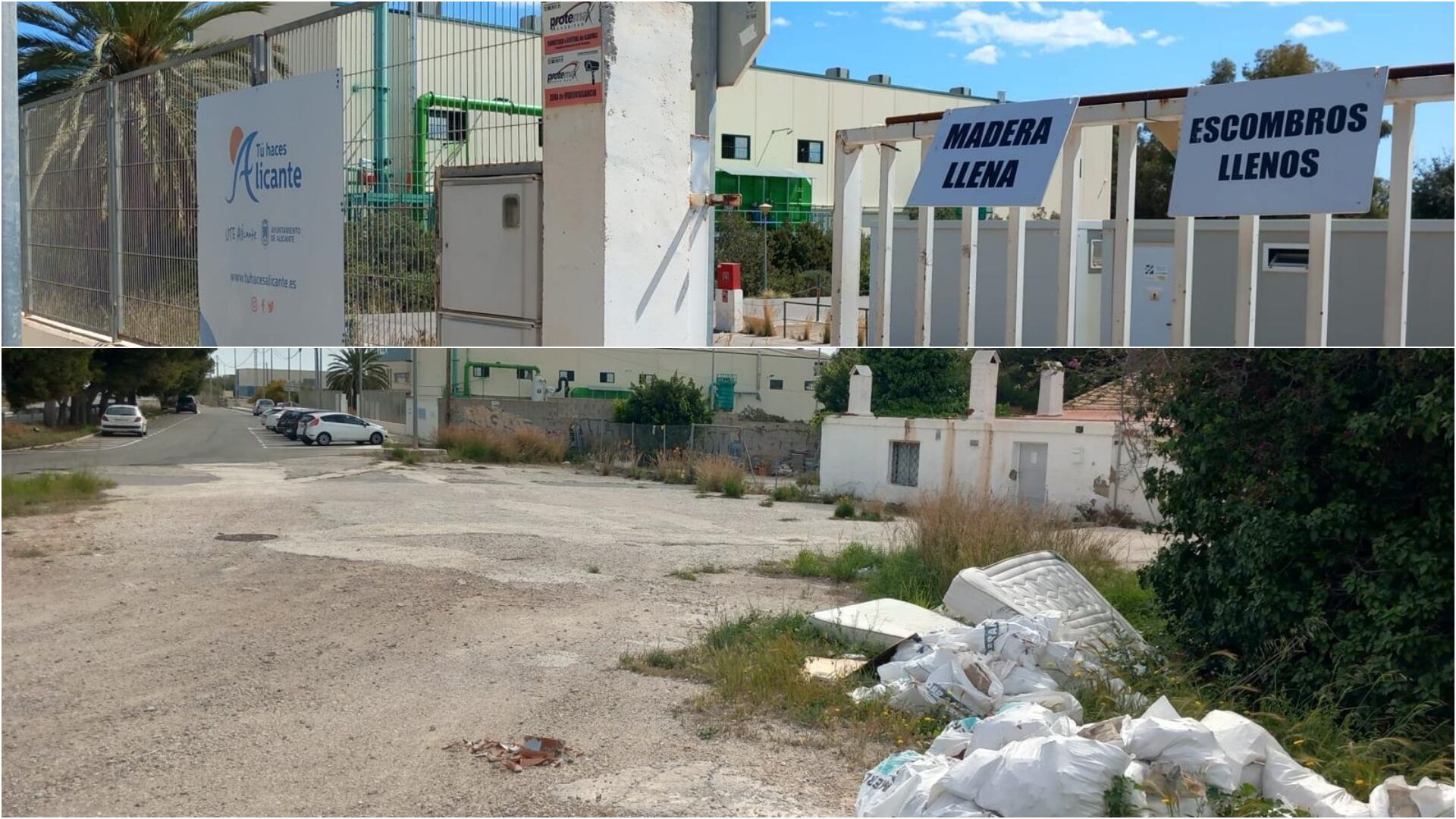 Montaje con la entrada al ecoparque advirtiendo de que está saturado mientras que han aparecido ya escombreras junto a estas instalaciones municipales