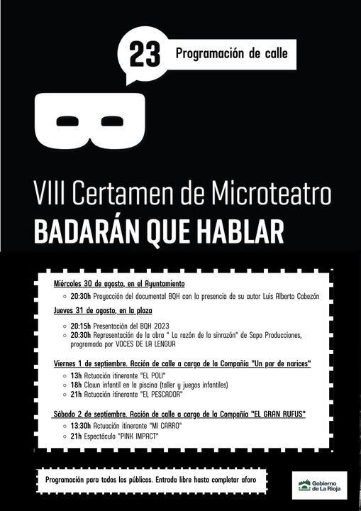 Programa de la octava edición del certamen de microteatro Badarán que hablar, que se celebra en Badarán (La Rioja).