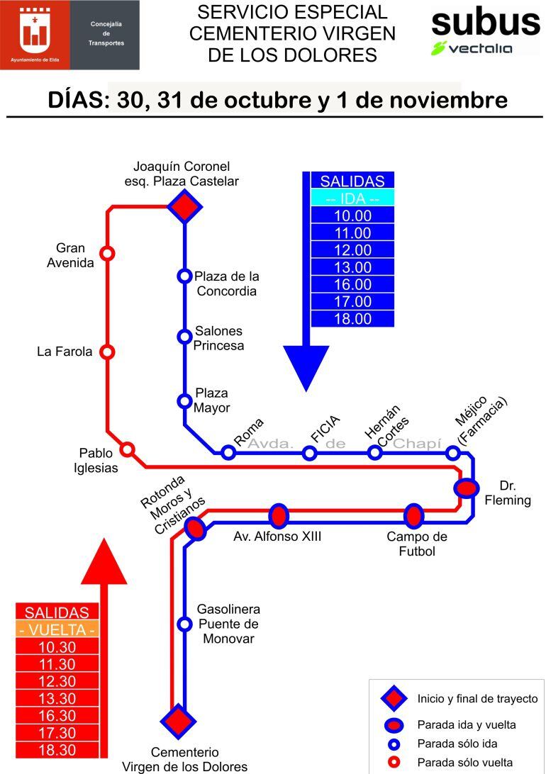 Horario y recorrido del servicio especial de autobuses al cementerio Virgen de los Dolores de Elda 