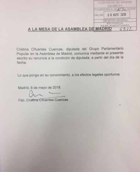 Carta de renuncia de Cristina Cifuentes