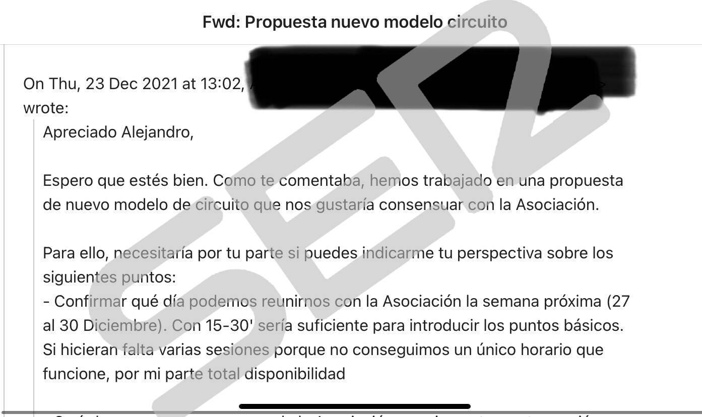 Primer correo de WPT a la asociación de jugadores en el que trata de cerrar una reunión para trasladar la propuesta de nuevo circuito. 