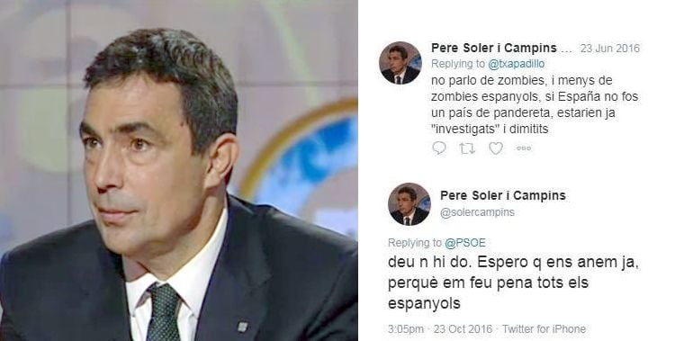 Pere Soler escribió en Twitter &quot;espero que nos vayamos ya porque me dais pena todos los españoles&quot;.