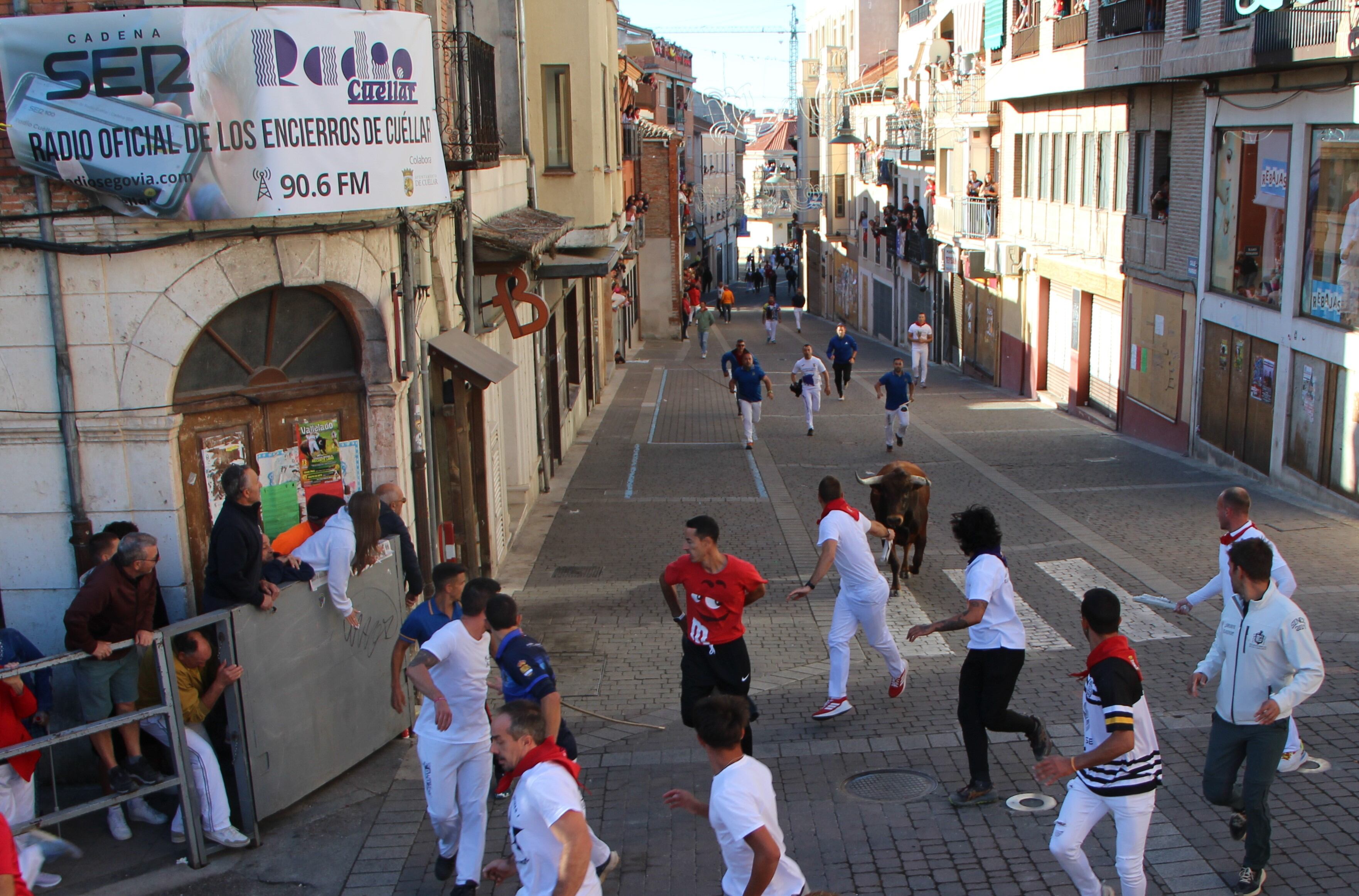 Un novillo de Montes de Oca asciende en solitario por la calle Parras de Cuéllar en el tercer encierro de las fiestas
