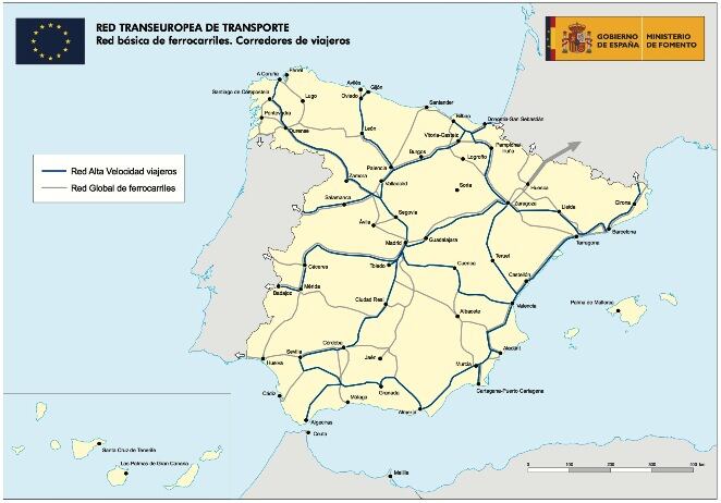 Mapa de la red transeuropea de transporte ferrociario, en el que está el Sagunt-Zaragoza