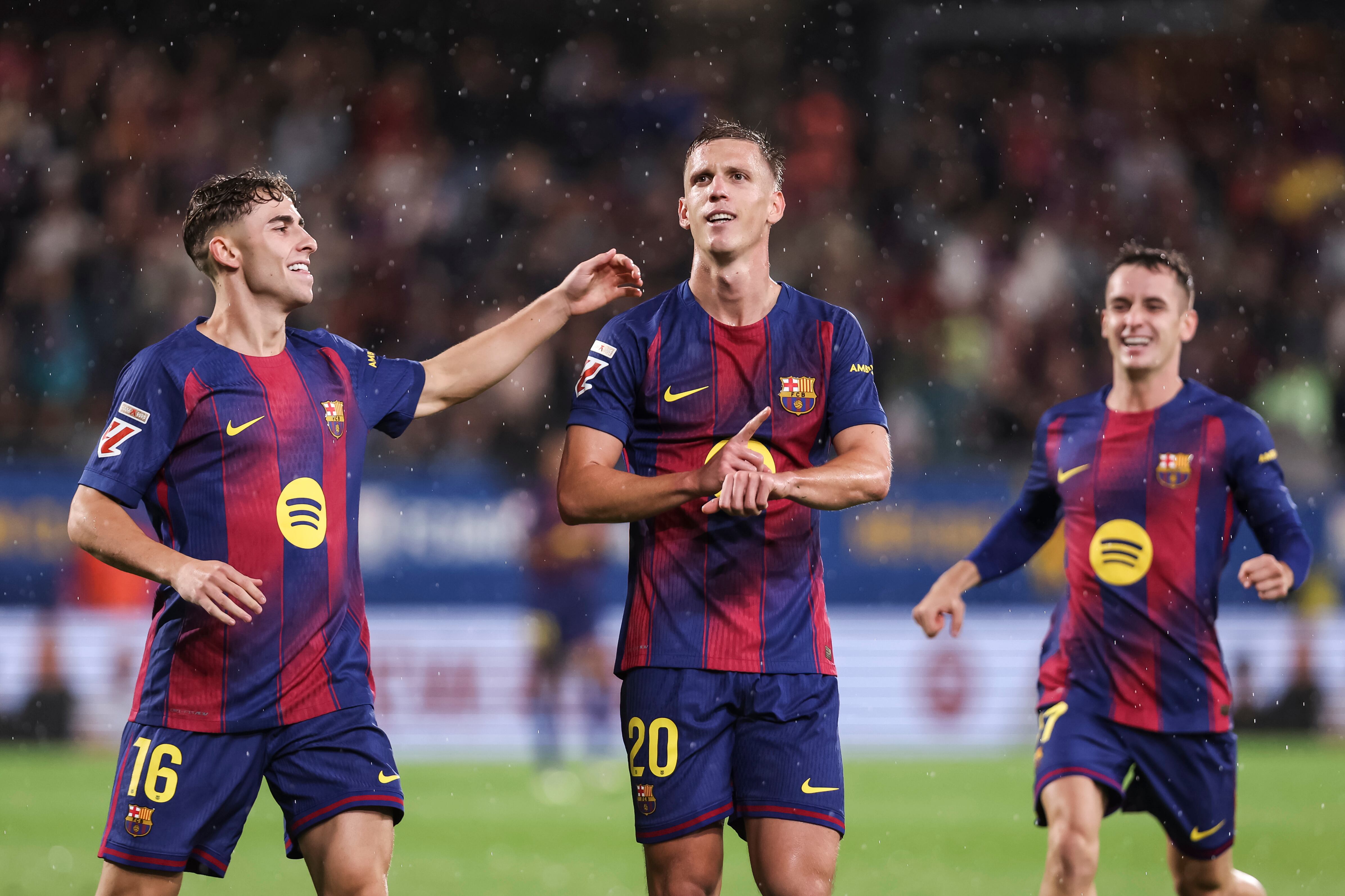 Dani Olmo celebra un gol durante el Barça-Getafe