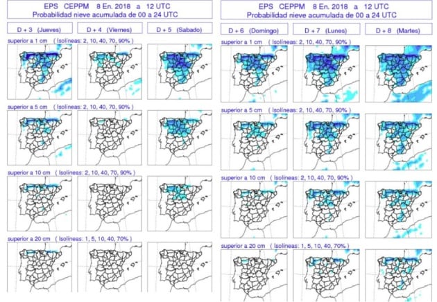 Mapas de probabilidad de nieve acumulada en 24 horas.