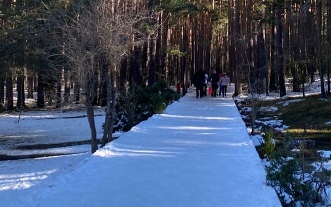 Camino nevado en la subida al Nacimiento del río Cuervo, en Cuenca.