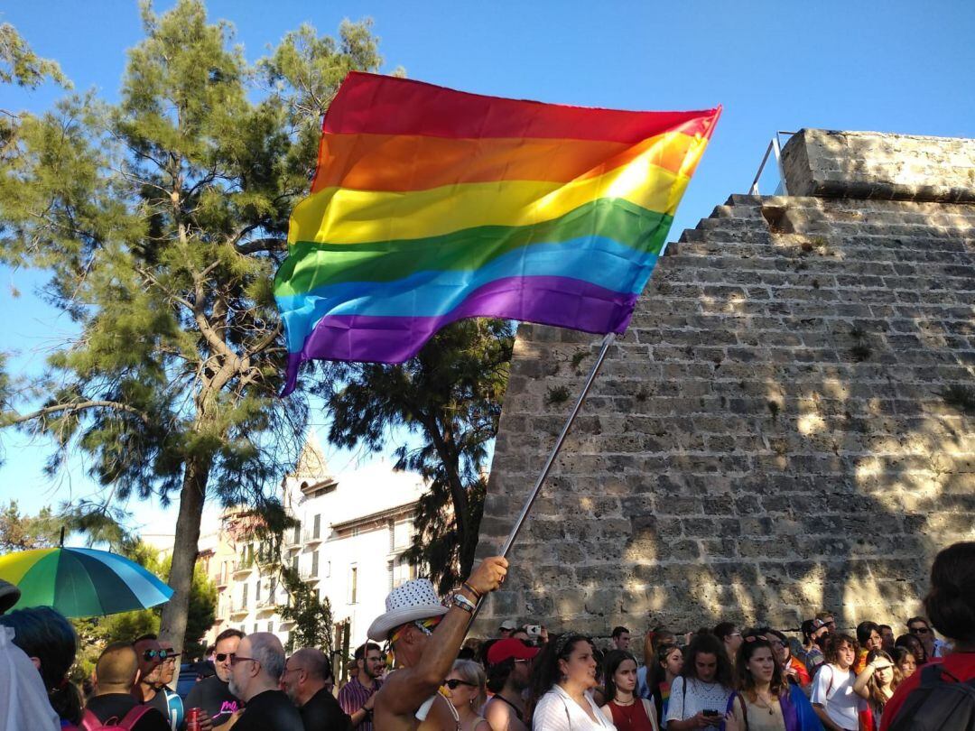 Un hombre con la bandera LGTBI en una manifestación del Orgullo en Palma