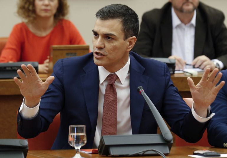 El secretario general del PSOE, Pedro Sánchez, durante su intervención en la reunión de su grupo parlamentario en el Congreso