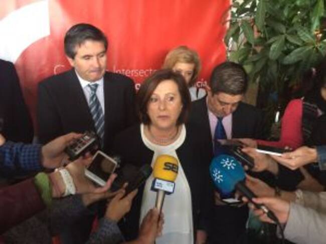 La consejera de Igualdad y Políticas Sociales, María José Sánchez Rubio, atiende a los medios antes de la inauguración del congreso.