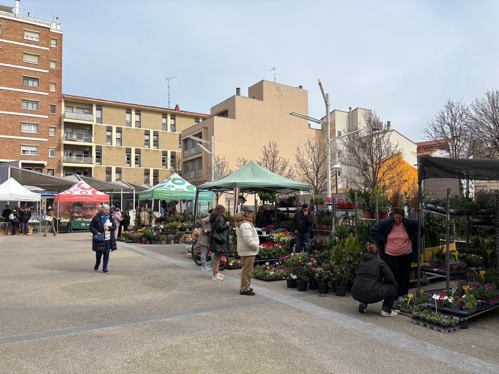 Los floristas en la plaza San Antonio, frente al mercado agroecológico