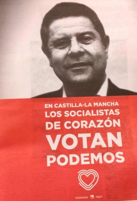 Cartel electoral de Unidas Podemos en Castilla-La Mancha con la cara de Emiliano García-Page.