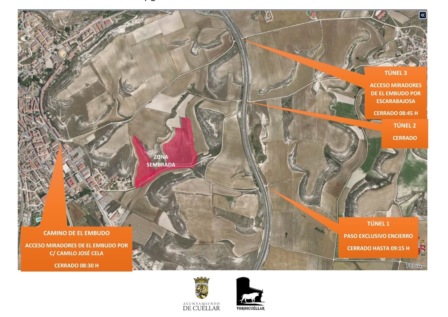 Mapa en el que se indican los accesos y las regulaciones horarias para acceder a El Embudo en Cuéllar