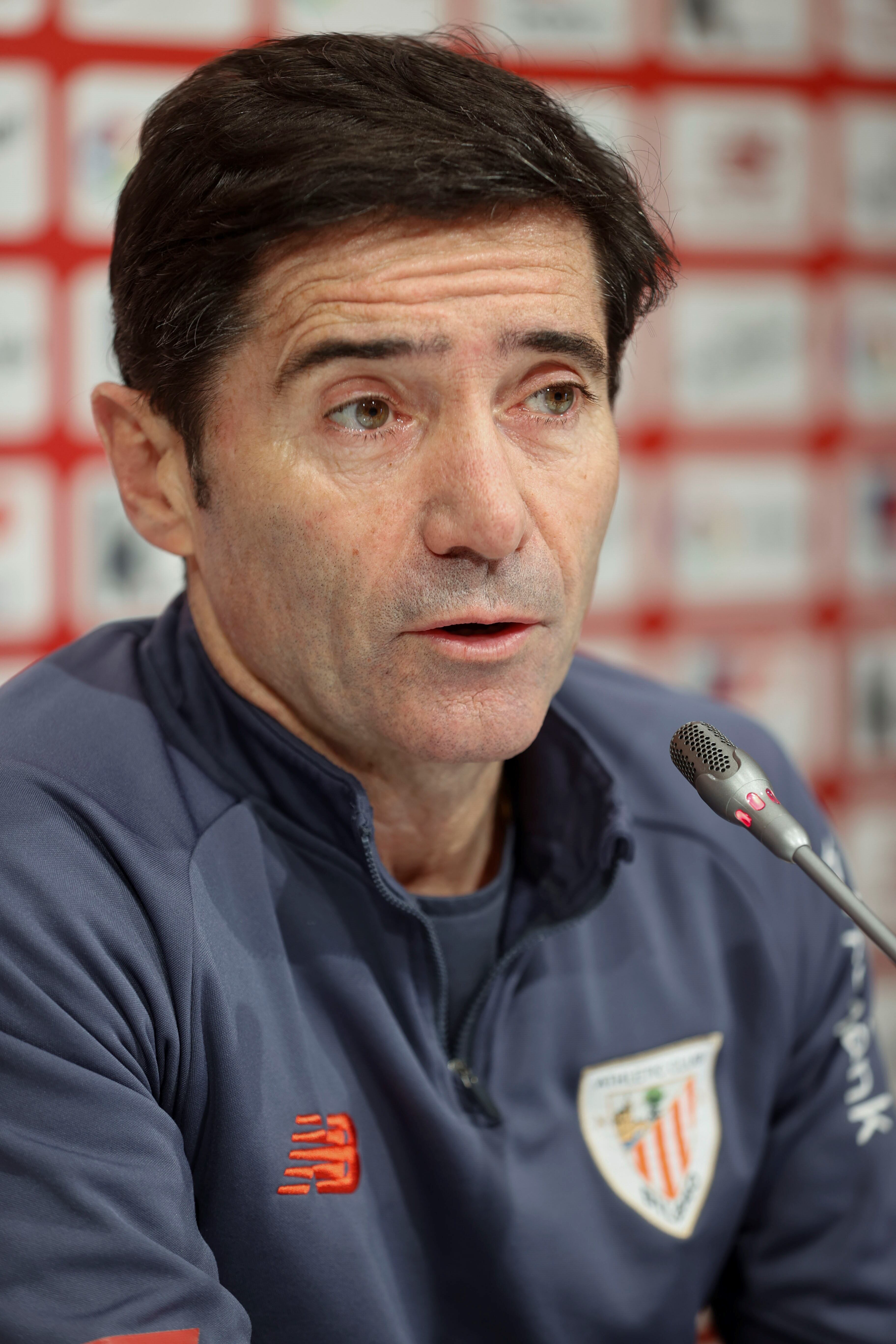 El entrenador del Athletic de Bilbao, Marcelino García, da una rueda de prensa en Lezama, este sábado, en la víspera del partido de LaLiga Santander de fútbol que disputará contra la Real Sociedad. EFE/ Luis Tejido