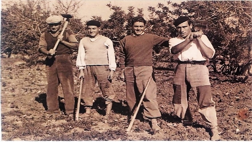 Año 1956. Juan, segundo por la izquierda y su hermano Mamerto, ( cuarto),echando un jornal cavando almendros en Los Jarales.