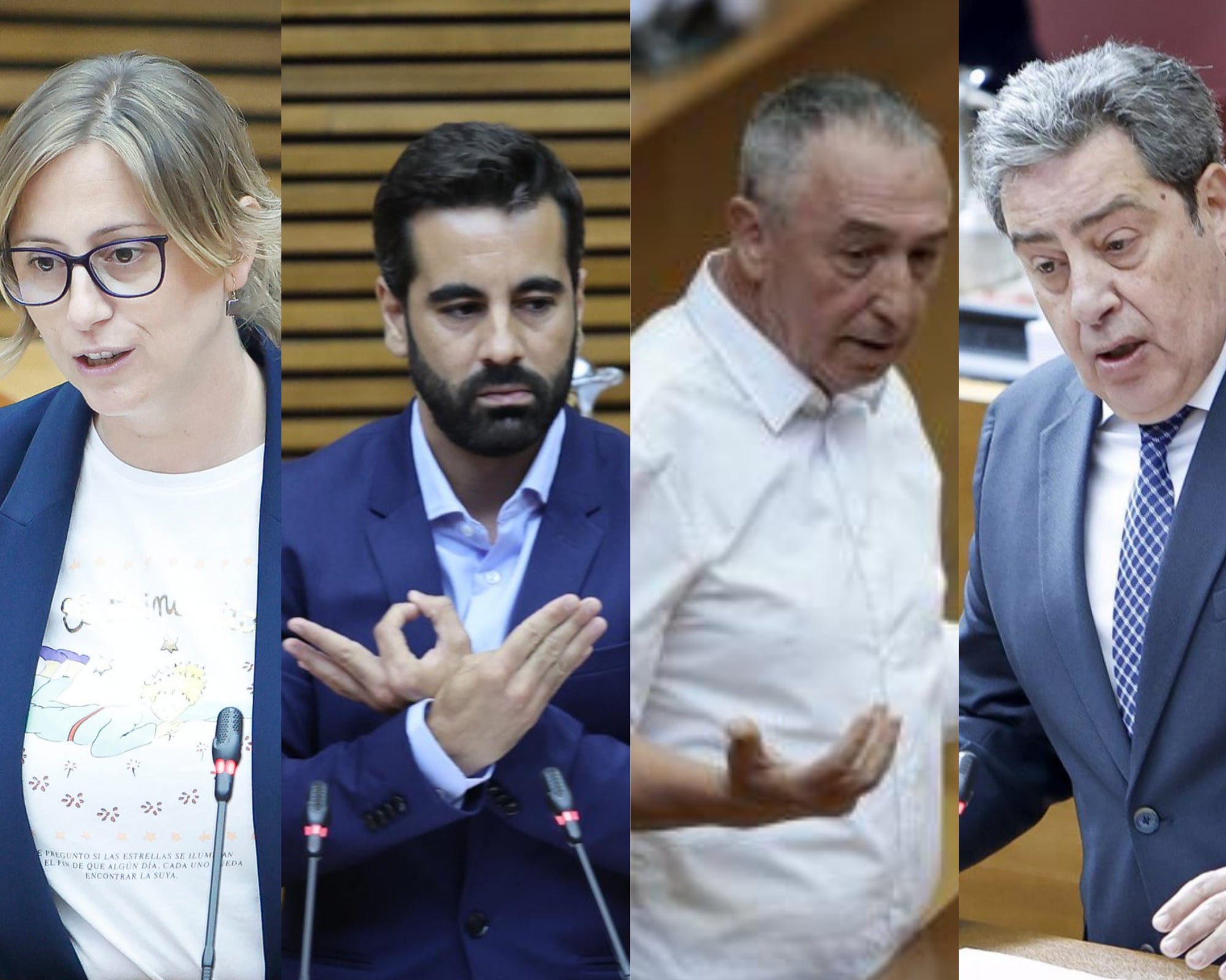 Montaje de los portavoces de los grupos políticos en Les Corts (de izq. a dcha.: la síndica del PP, Laura Chulià; el síndic del PSPV, José Muñoz; el síndic de Compromís, Joan Baldoví y el síndic de Vox, José María Llanos).