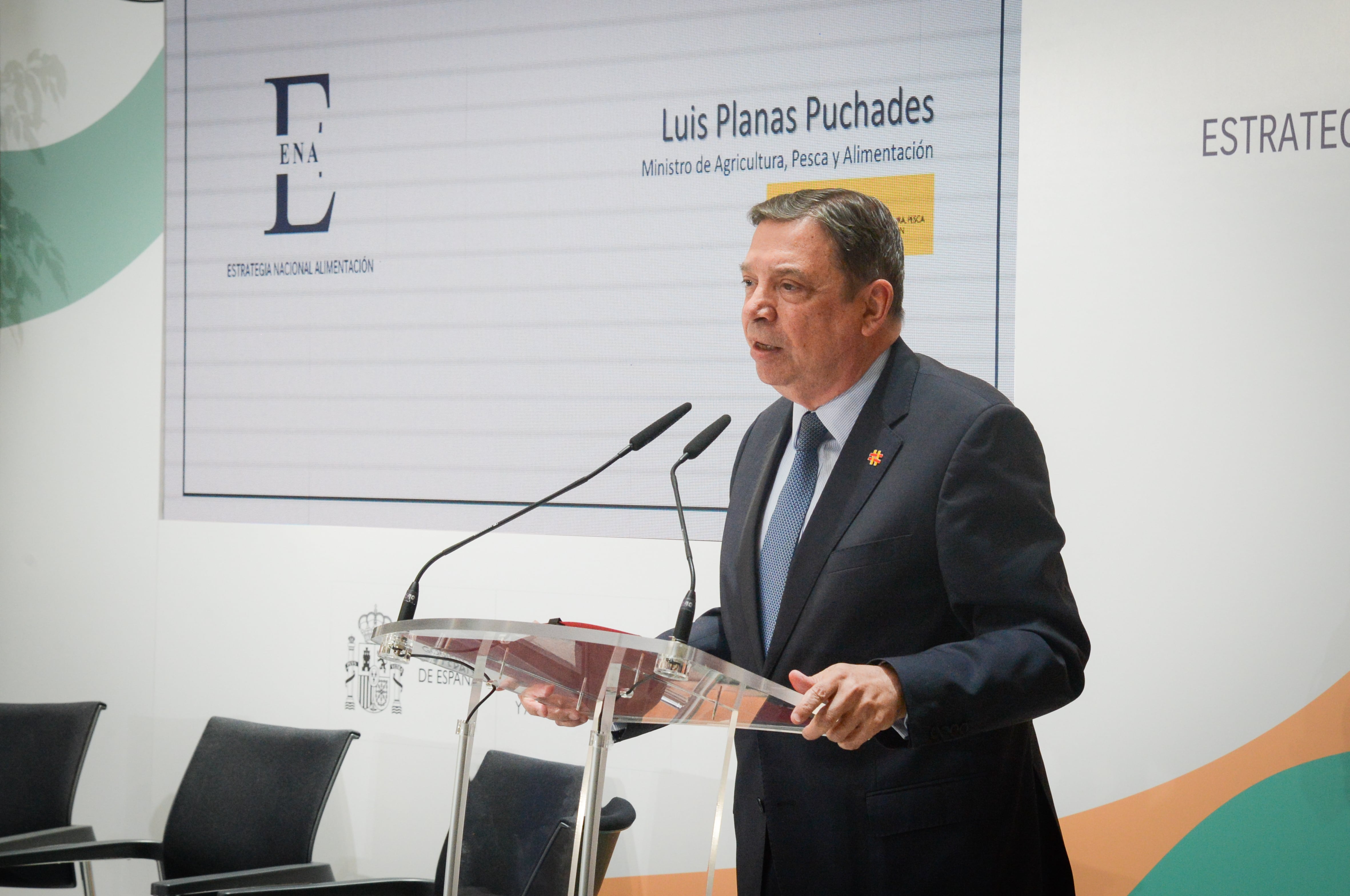 El ministro de Agricultura, Pesca y Alimentación, Luis Planas, durante la presentación de los trabajos de la Estrategia Nacional de Alimentación