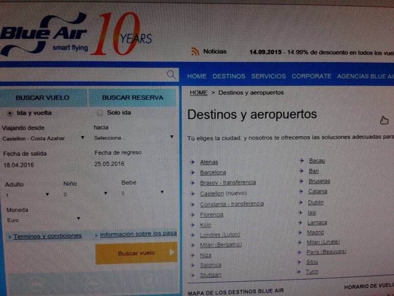 Web de la aerolínea Blue Air donde se incluye el aeropuerto de Castellón como destino