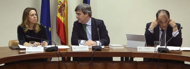 El presidente del Consejo Superior de Deportes (CSD), Miguel Cardenal (c), el presidente de la Liga de Fútbol Profesional, Javier Tebas (d), y la directora general de Deportes, Ana Muñoz (i), durante la reunión de la comisión contra la violencia en los es