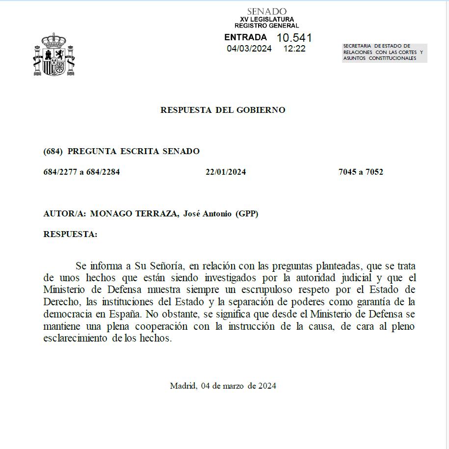 Respuesta del Gobierno al senador popular José Antonio Monago, sobre la muerte de dos militares en Cerro Muriano