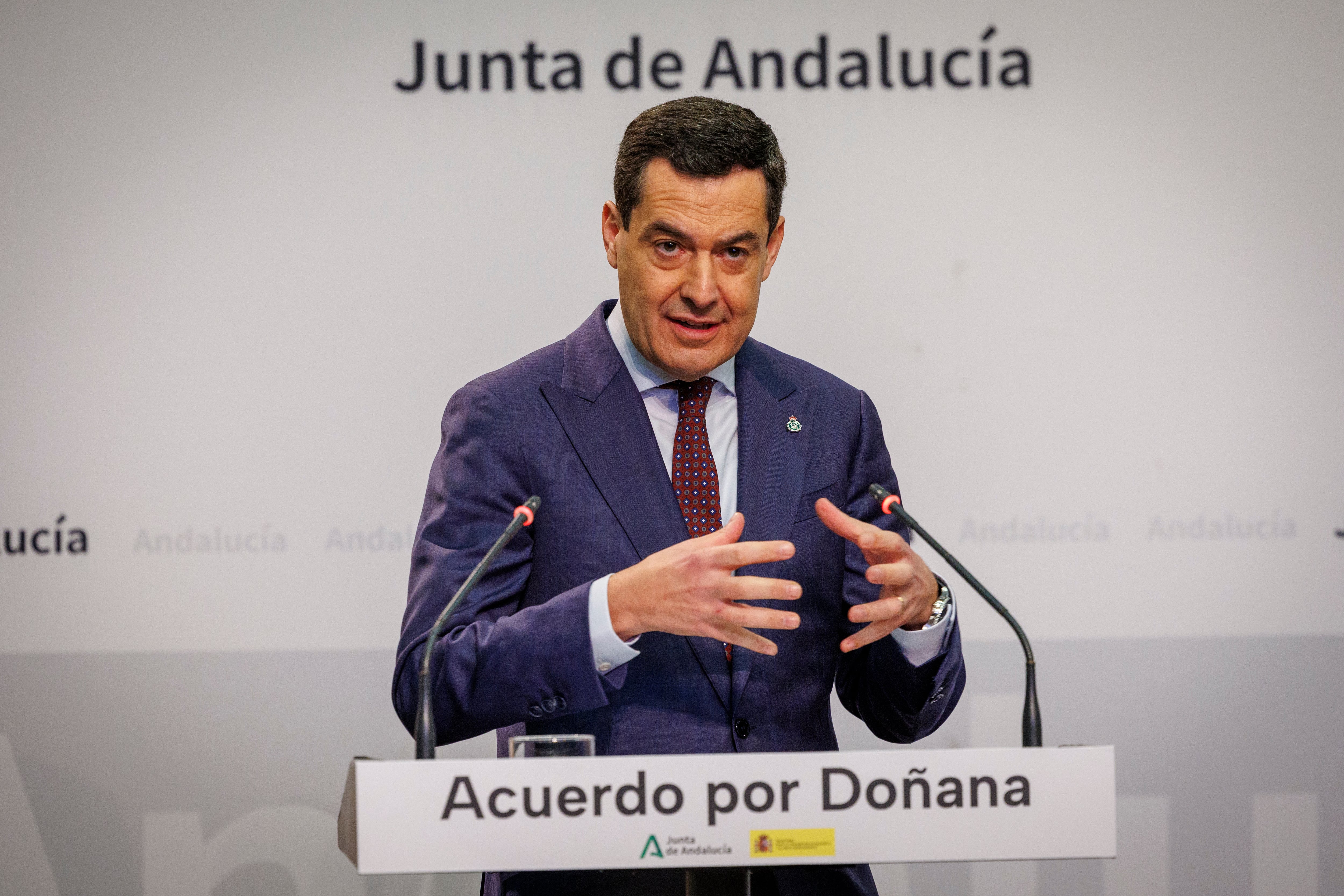 SEVILLA (ESPAÑA), 21/12/2024.- El presidente de la Junta de Andalucía, Juanma Moreno, ofrece una rueda de prensa al término de la reunión que ha mantenido este sábado con la vicepresidenta tercera y ministra para la Transición Ecológica y el Reto Demográfico, Sara Aagesen, en el Palacio de San Telmo (Sevilla), sede del ejecutivo andaluz. EFE/ Julio Muñoz
