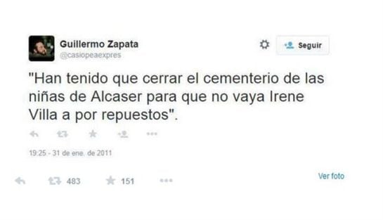 El tweet que publico Guillermo Zapata en enero de 2011 y que provocó su renuncia como concejal de cultura.