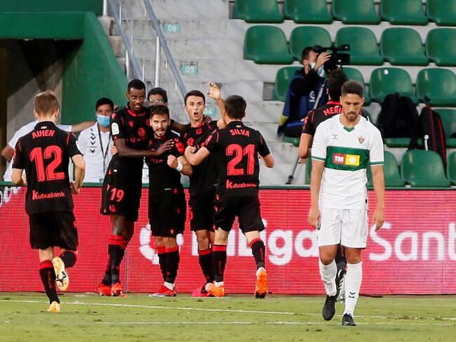 Portu celebra con sus compañeros el 0-1 que abría el marcador en Elche