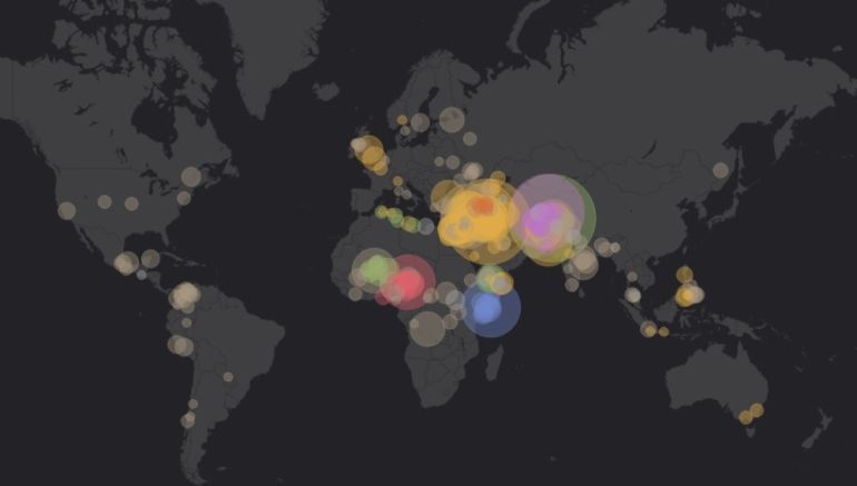 Captura del mapa que muestra los ataques terroristas en todo el mundo a tiempo real.
